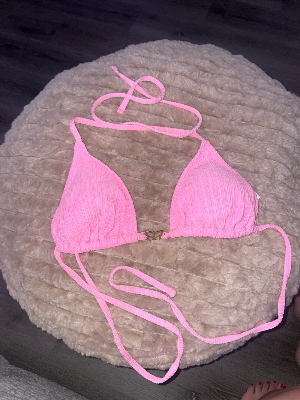 Pink Ribbed Triangle Bikini Top